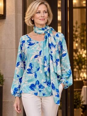 Carlisle Collection 100% Silk Blouse & Scarf Set Size 8
